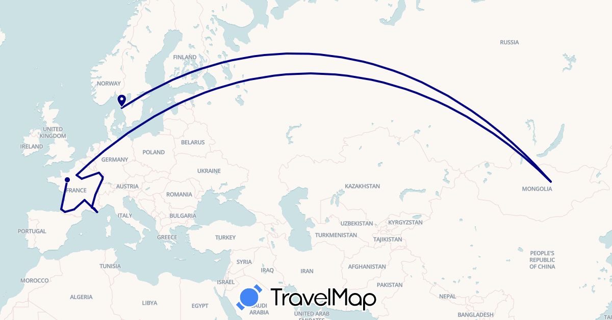 TravelMap itinerary: driving in Germany, France, Mongolia, Sweden (Asia, Europe)